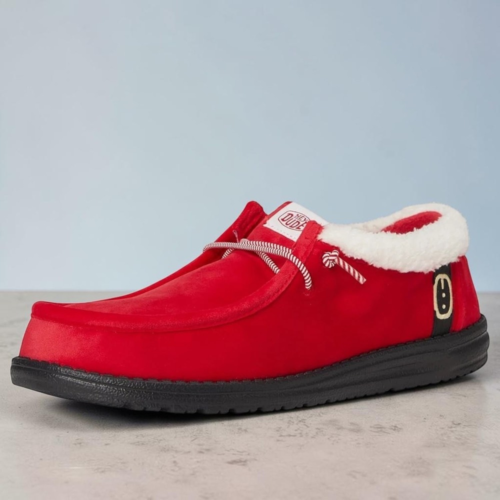 Hey Dude Wally Santa Claus Shoes Mens 13 Red Christmas Faux Fur Slip On NEW